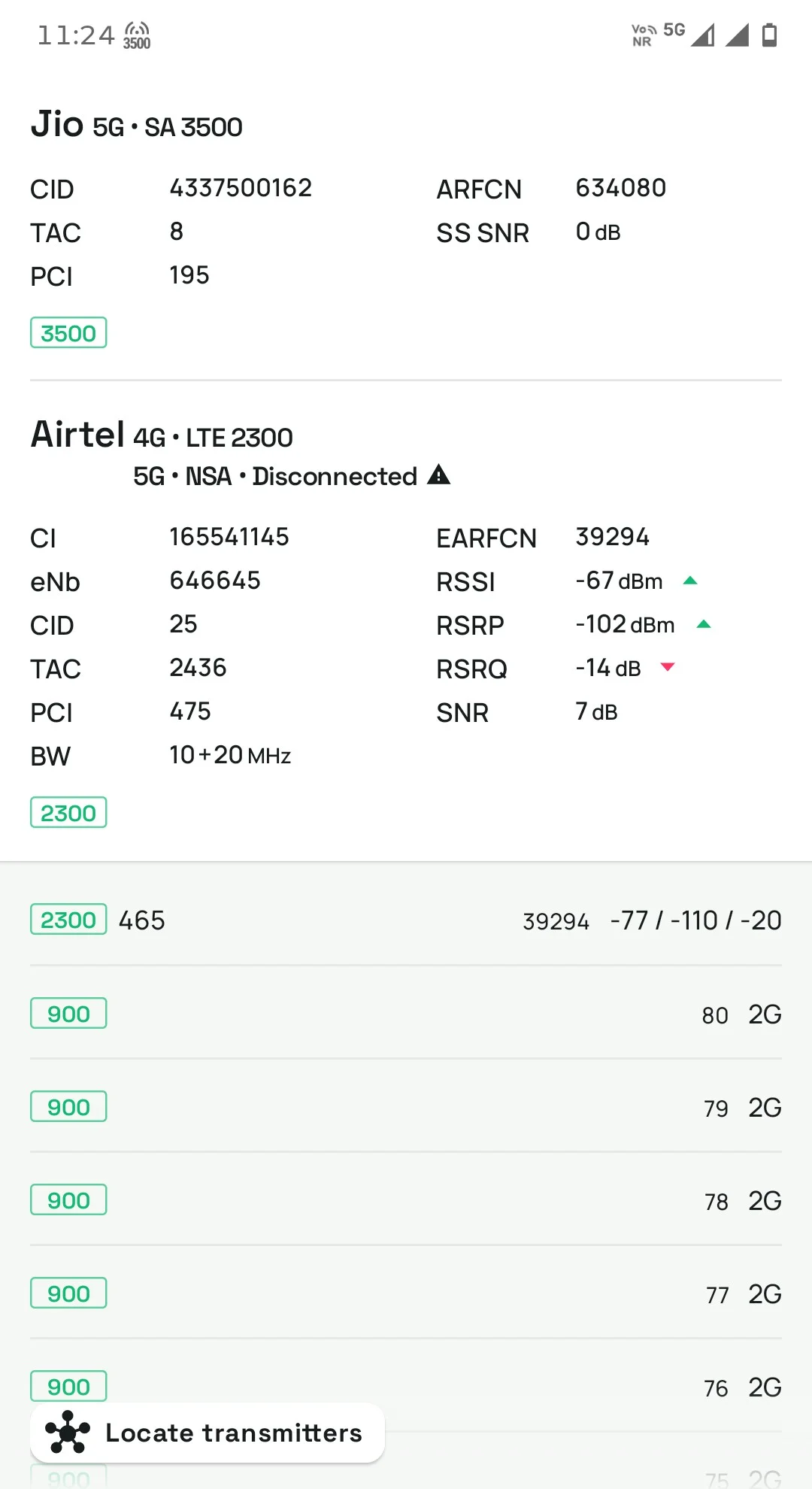 NetMonster screenshot: Jio shows 5G • SA 3500 actively connected, while Airtel shows 4G • LTE 2300 as the serving cell with 5G • NSA • Disconnected shown below it, despite the phone's status bar displaying a 5G icon