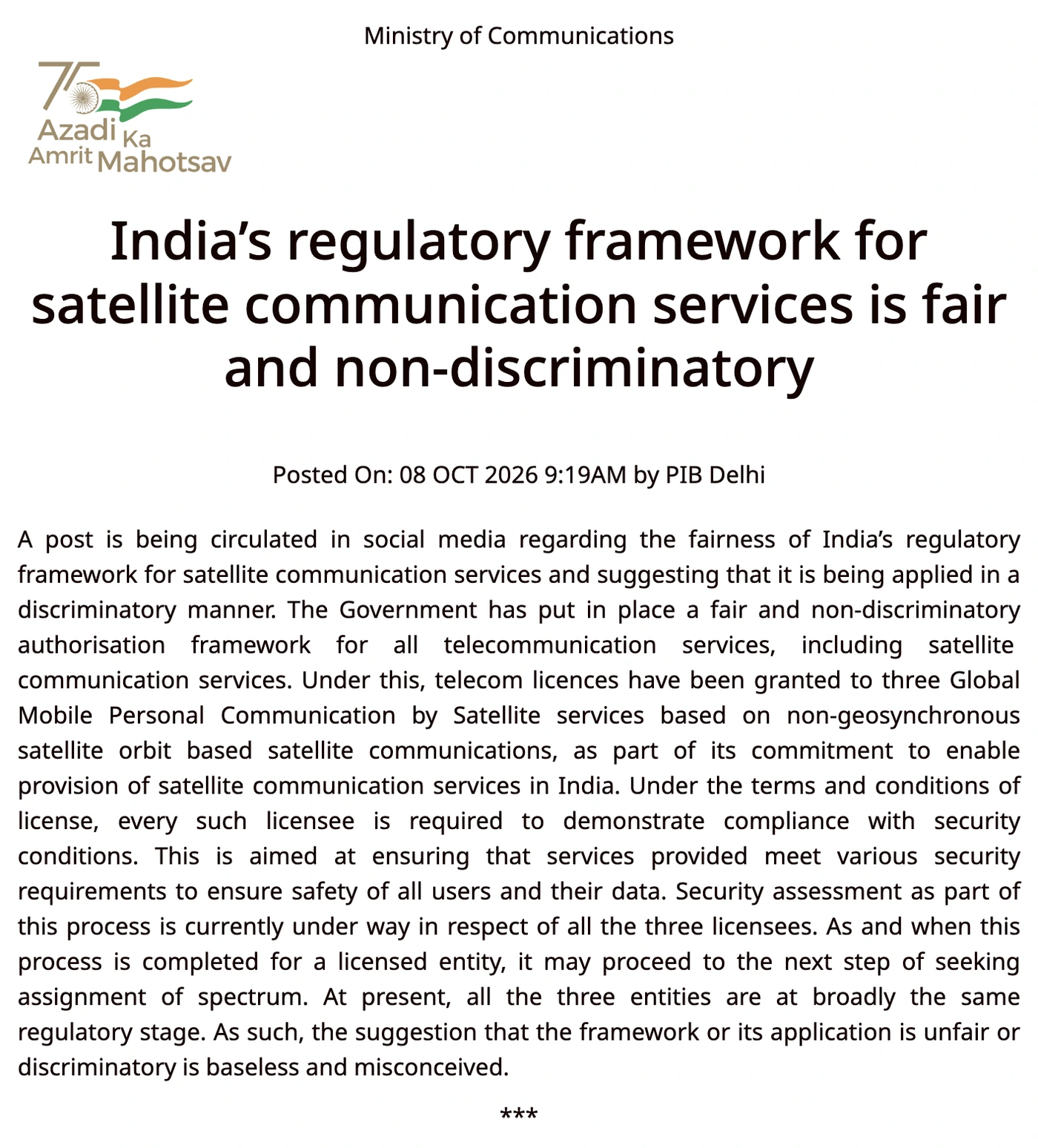 Press Information Bureau release, Ministry of Communications, posted 8 October 2026 at 9:19 am: India's regulatory framework for satellite communication services is fair and non-discriminatory